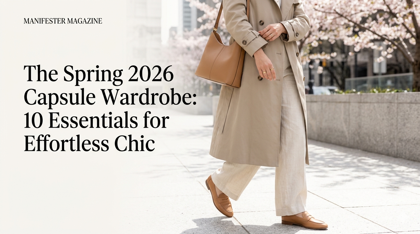 A woman in a stone-beige trench coat and cream linen trousers walking in a city during spring, embodying the Spring 2026 Capsule Wardrobe trend from Manifester.