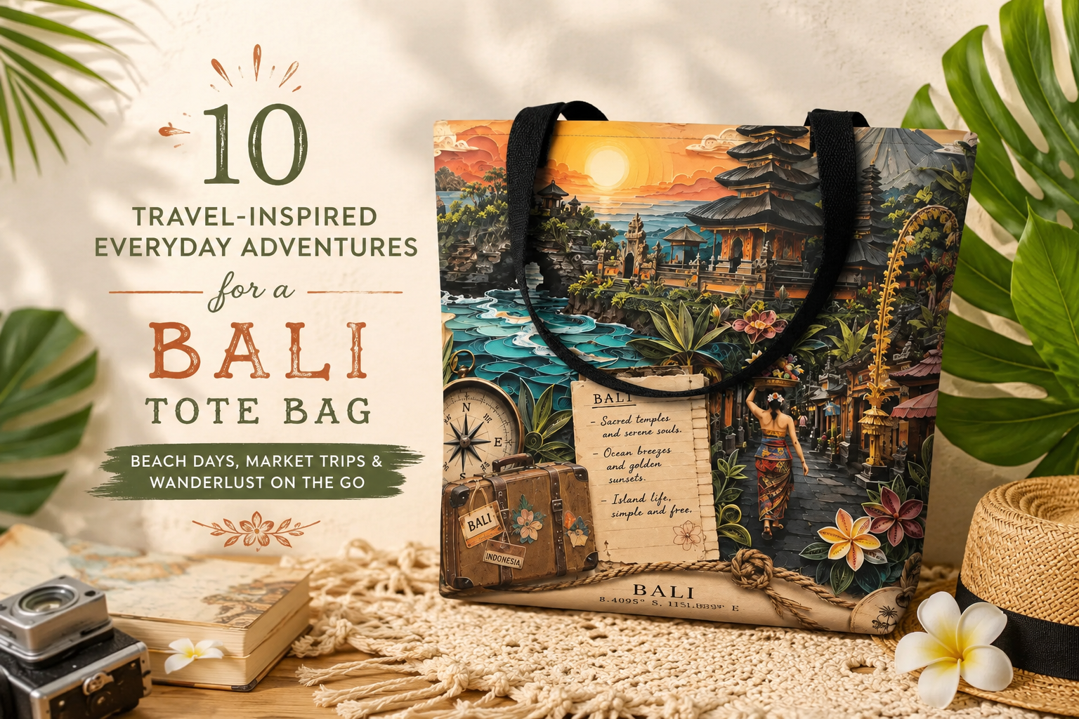 Bali-inspired tropical tote bag featuring vintage travel artwork with temples, ocean waves, sunset, flowers, and Indonesian scenery, displayed in a warm tropical setting with the text “10 Travel-Inspired Everyday Adventures for a Bali Tote Bag.”