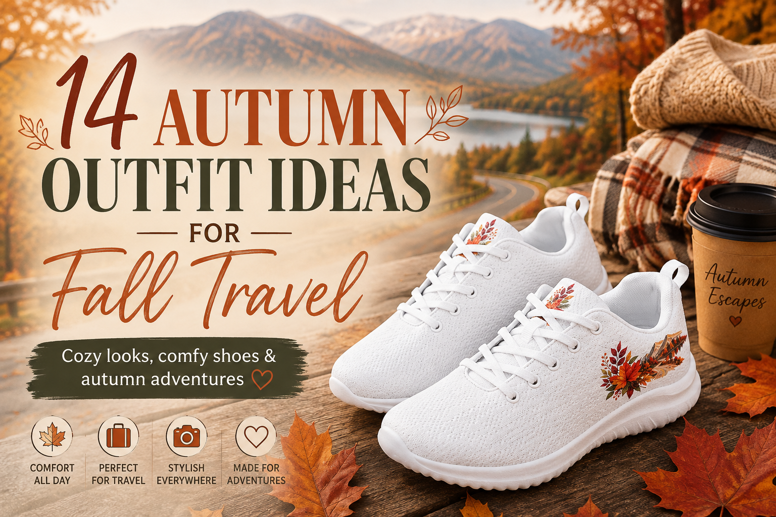 14 autumn outfit ideas for fall travel featuring white women's athletic shoes with colorful autumn leaf designs, cozy knitwear, plaid accessories, and a scenic mountain road surrounded by fall foliage.
