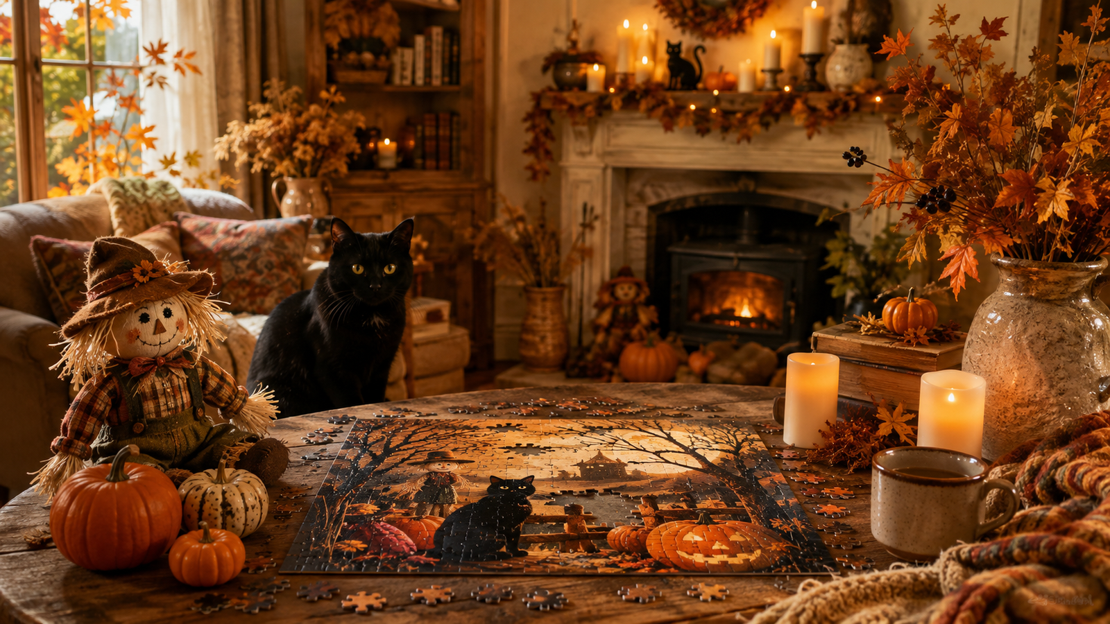 Cozy Halloween living room with a scarecrow, black cat, pumpkins, candles, and a seasonal jigsaw puzzle on a wooden table.