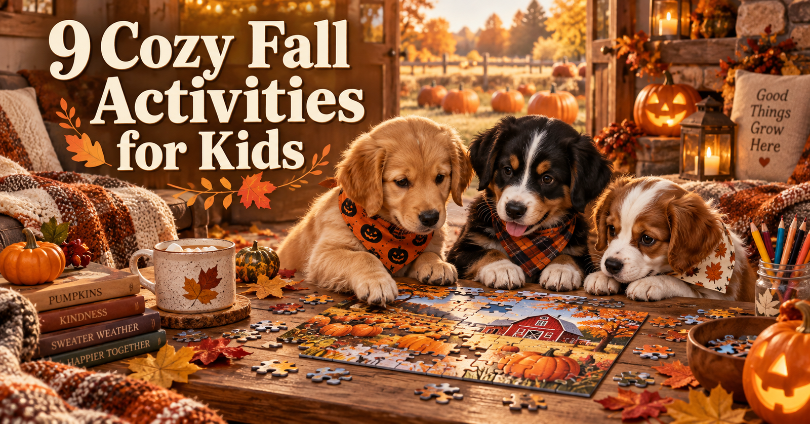 Three puppies assembling an autumn jigsaw puzzle surrounded by glowing pumpkins, colorful leaves, and cozy fall decorations.