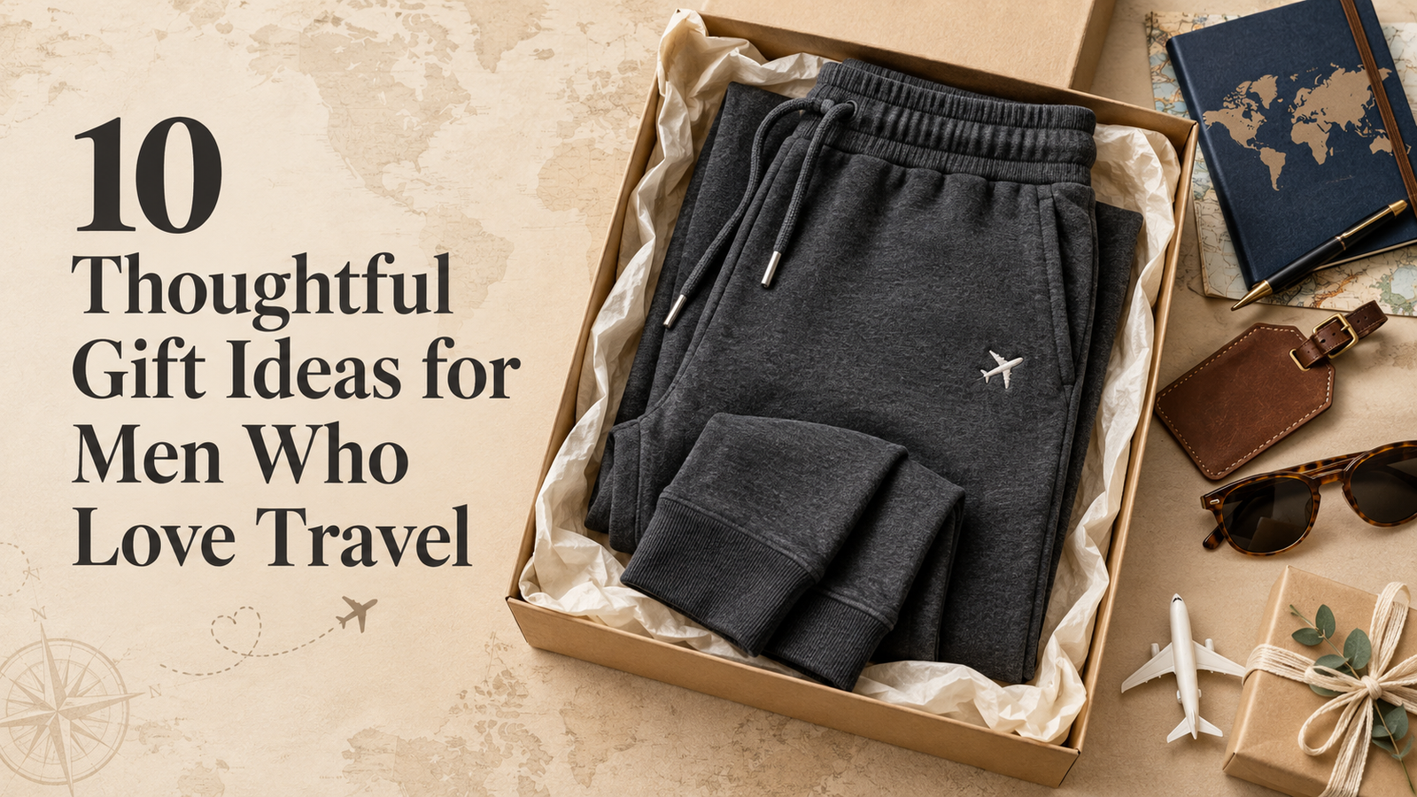 Dark gray men’s airplane joggers displayed in a gift box with a travel journal, luggage tag, sunglasses, wrapped present, and miniature airplane.